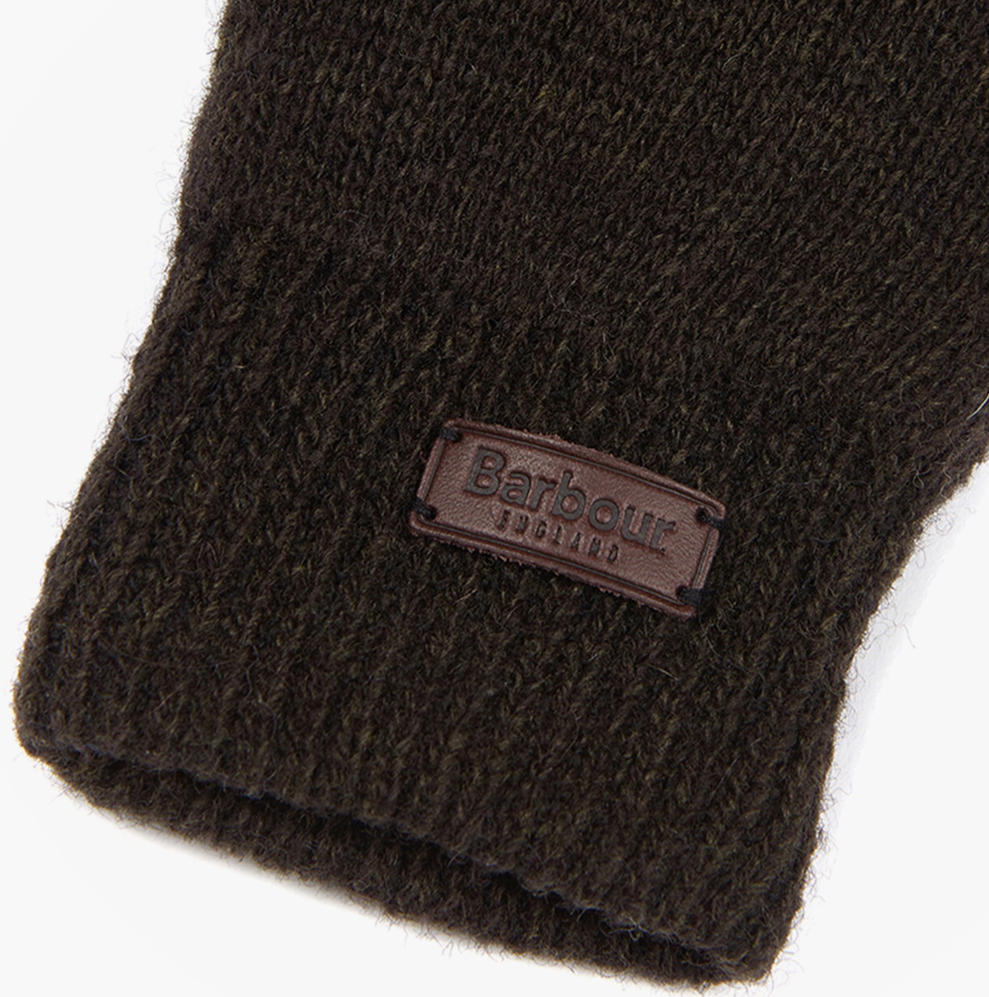 Barbour CARLTON Mens Wool Gloves Dark Green detail view showing brand label.