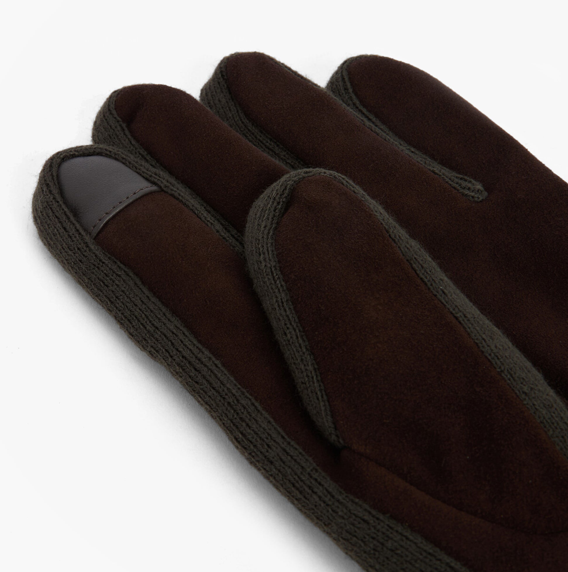 Barbour MAGNUS GLOVE Mens Gloves Brown/Olive detail view highlighting leather and polyester materials.