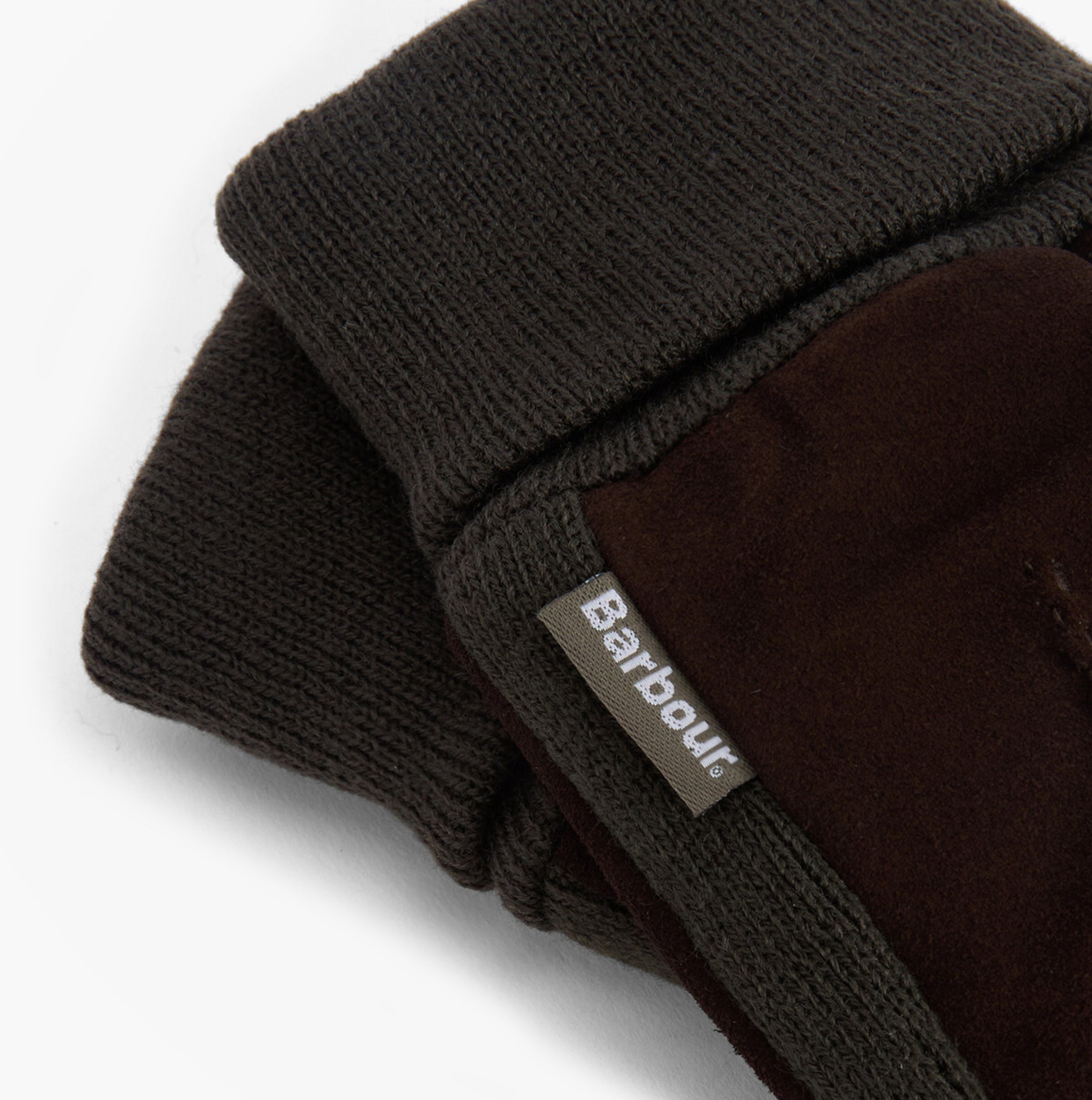 Barbour MAGNUS GLOVE Mens Gloves Brown/Olive detail view showing the brown leather and olive knit cuff.