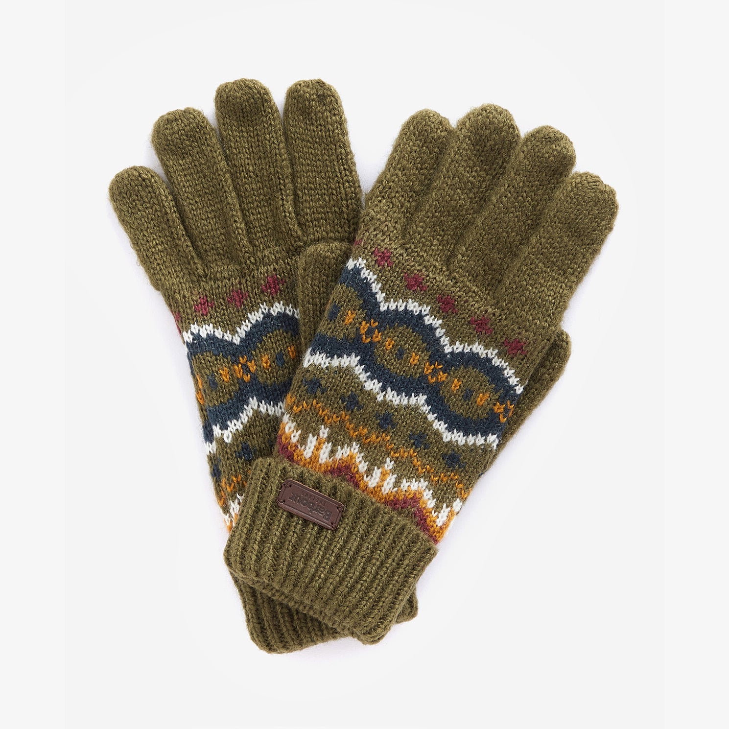 Barbour CASE FAIR ISLE GLOVES Mens Olive front view with knitted design and turnup cuffs