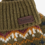 Detail view of Barbour CASE FAIR ISLE GLOVES Mens Olive with embossed leather-look badge and knitted design.