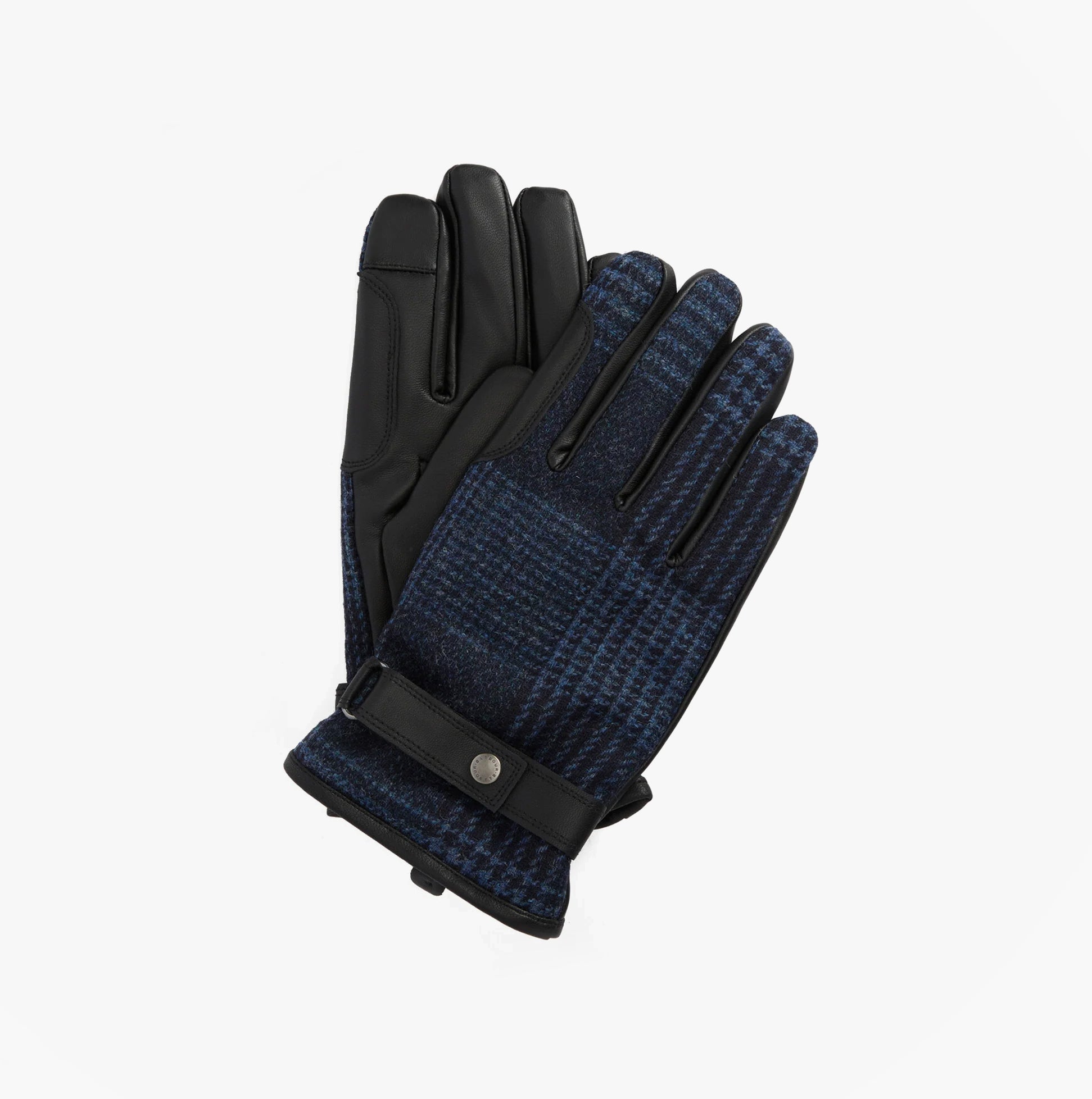 Barbour DEVERON TWEED WATERPROOF Mens Gloves Navy, front view showing detail of waterproof fabric and leather trim.