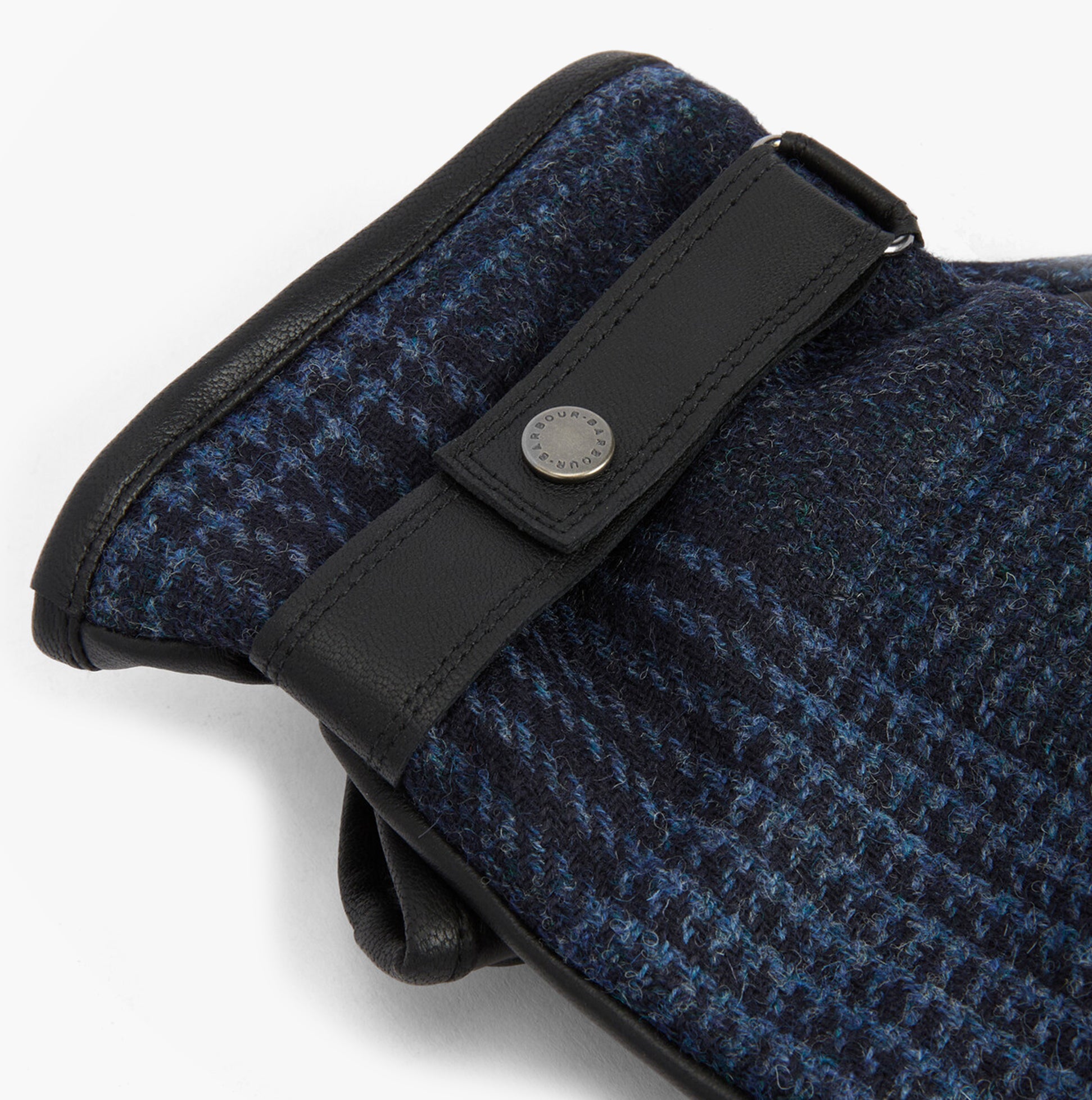 Barbour DEVERON TWEED WATERPROOF Mens Gloves Navy detail view showcasing the leather and wool composition.