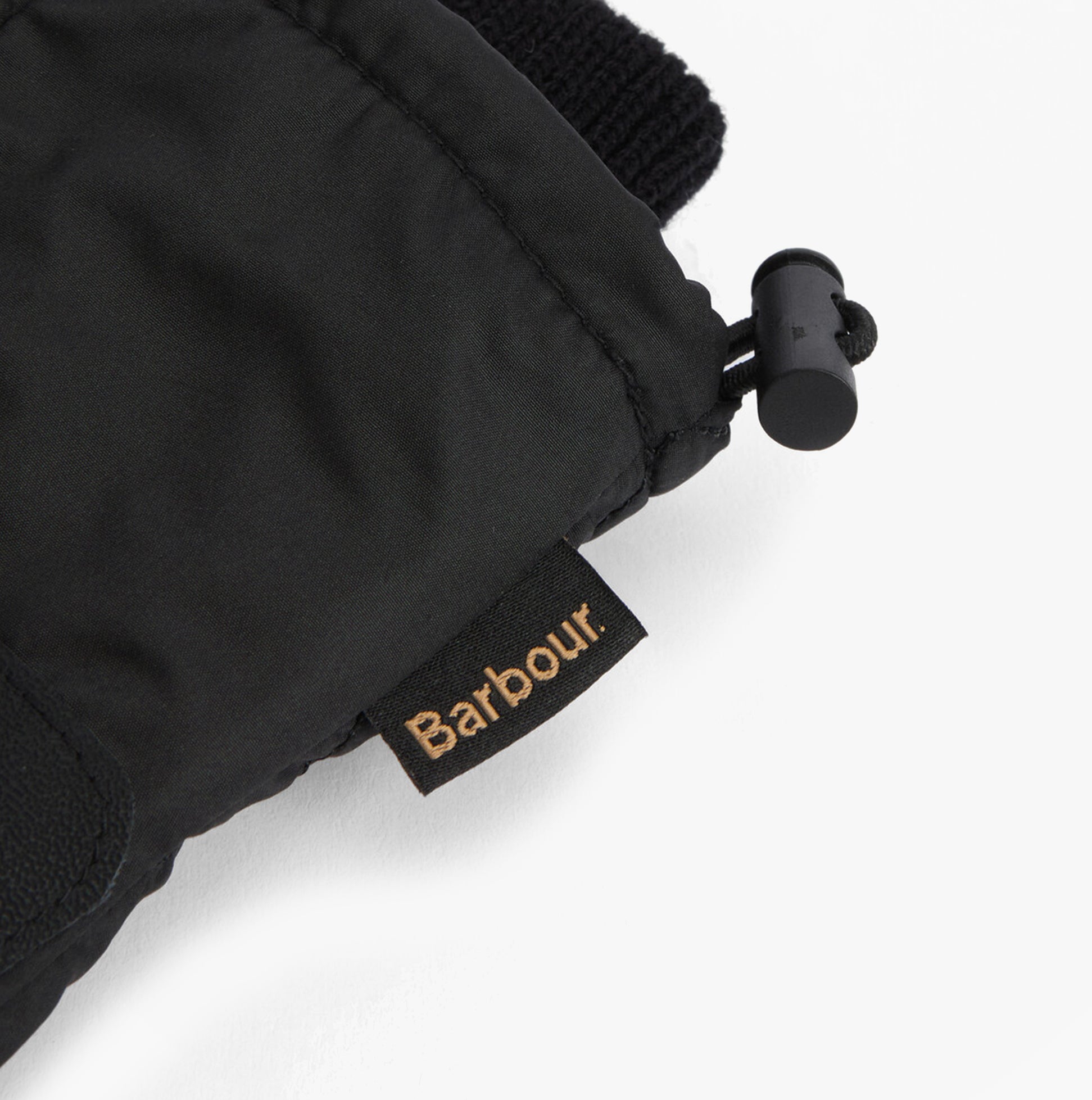 Barbour HARKER WATERPROOF Mens Gloves Black, detail view of cuff with logo and toggle, stylish and functional.