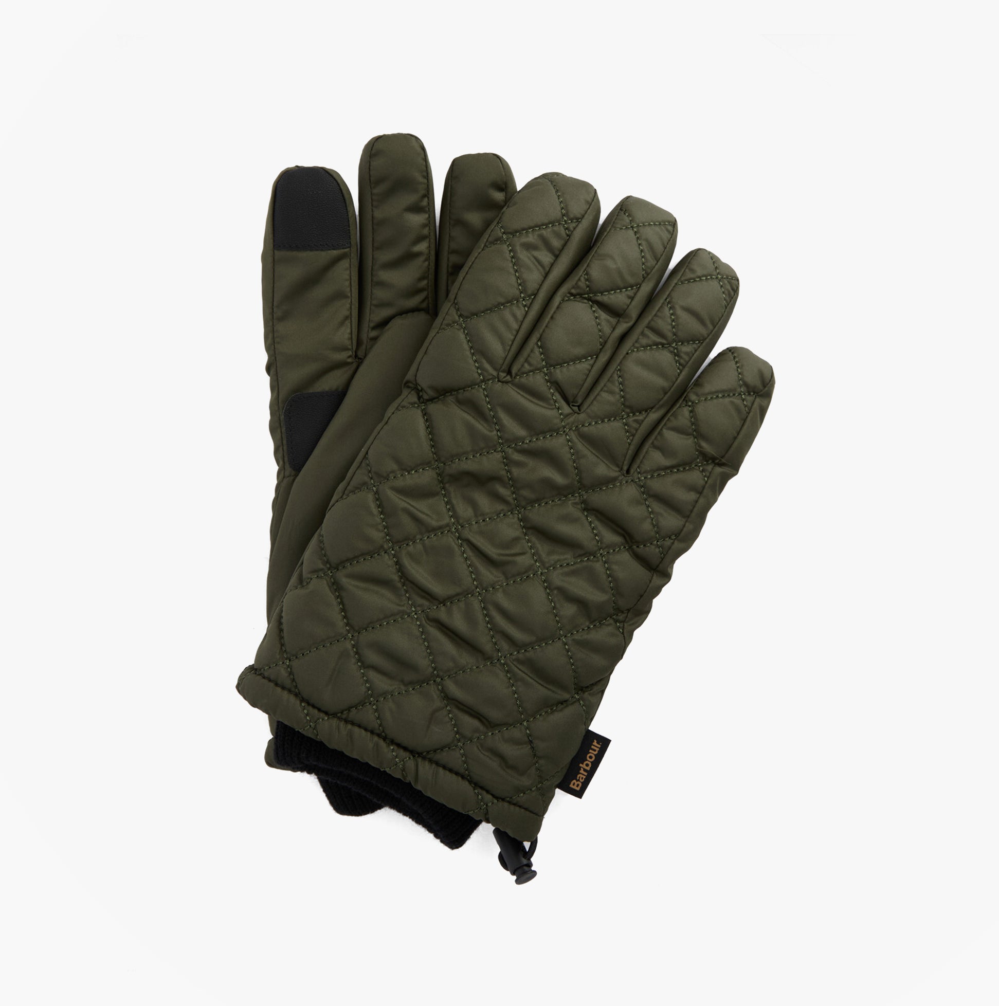 Barbour HARKER WATERPROOF Mens Gloves Forest, front view, quilted design, touchscreen compatible, green polyester gloves.