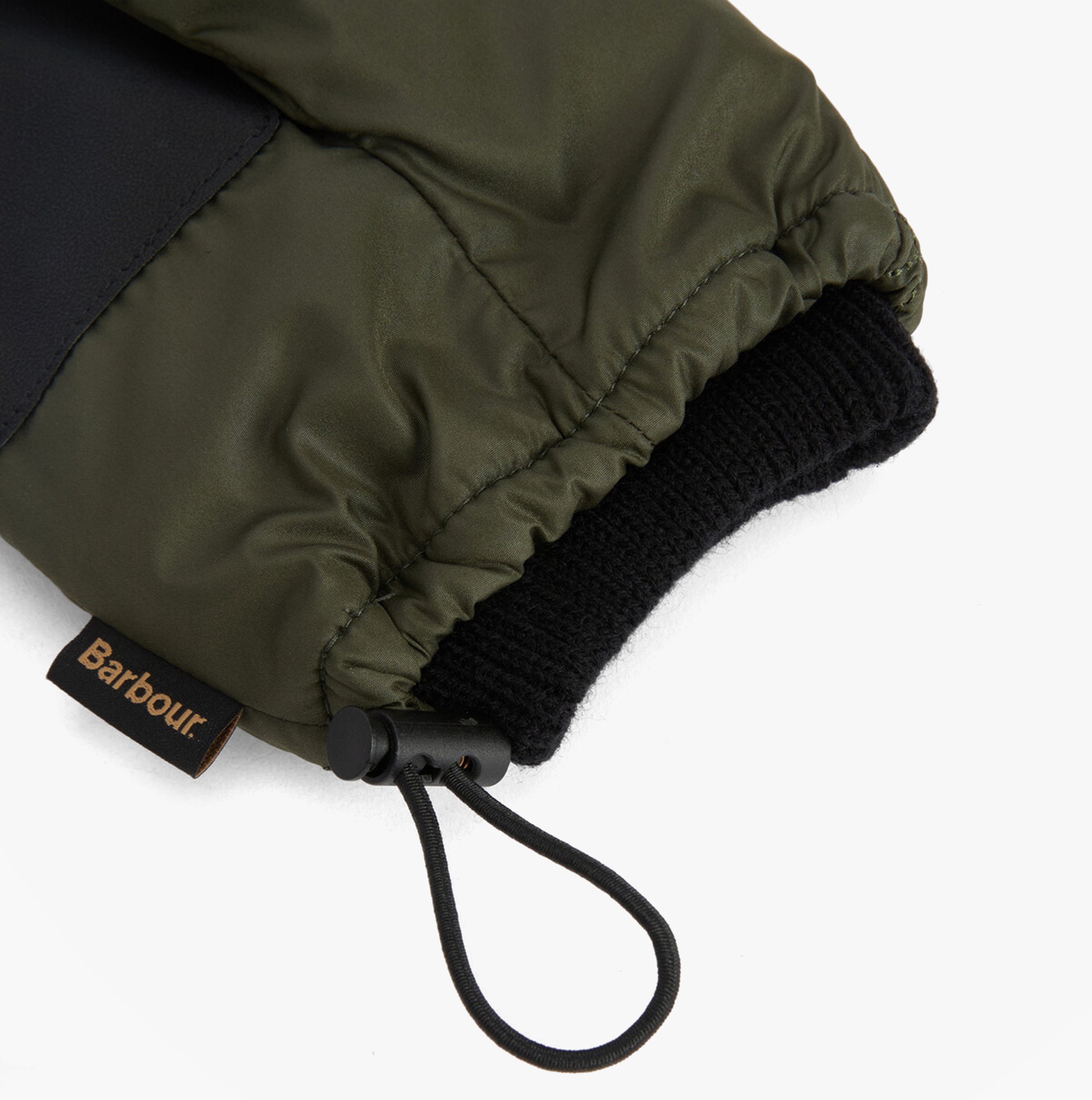 Barbour HARKER WATERPROOF Mens Gloves Forest detail view showcasing the elastic cuff and branded side flag label.