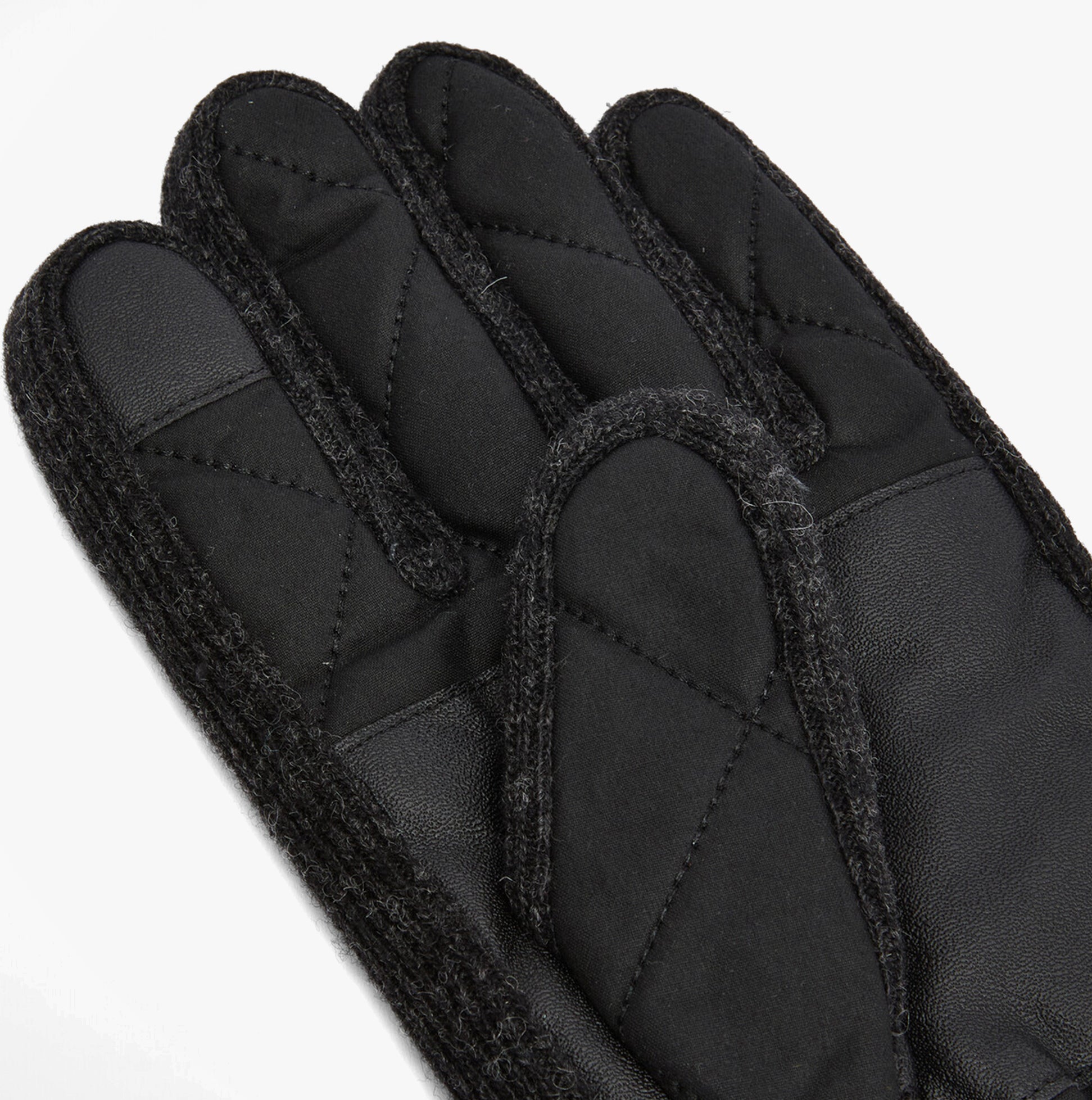 Barbour WESTERDALE Mens Gloves Black detail view featuring waxed cotton, leather trim and quilted lining.