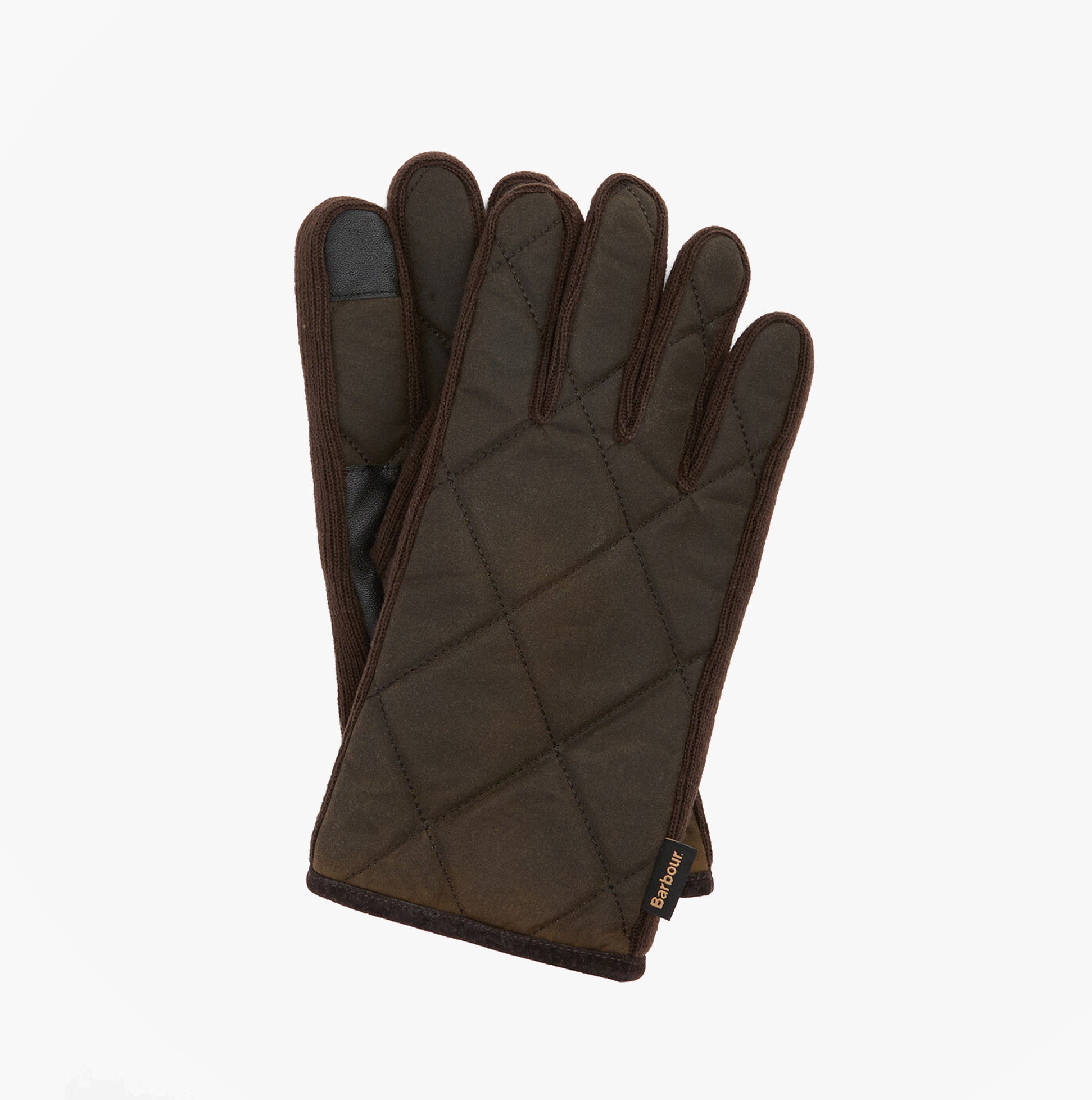 Barbour WESTERDALE Mens Gloves Olive, front view, quilted design, touchscreen compatible, Barbour branded label.