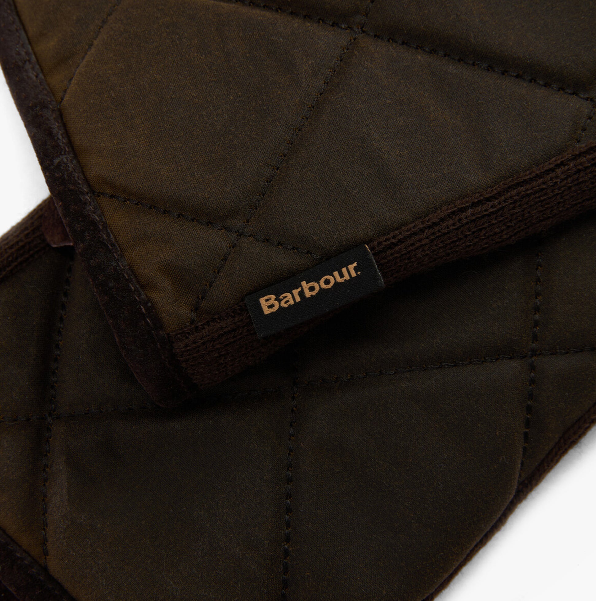 Barbour WESTERDALE Mens Gloves Olive detail view featuring quilted fabric and Barbour logo.