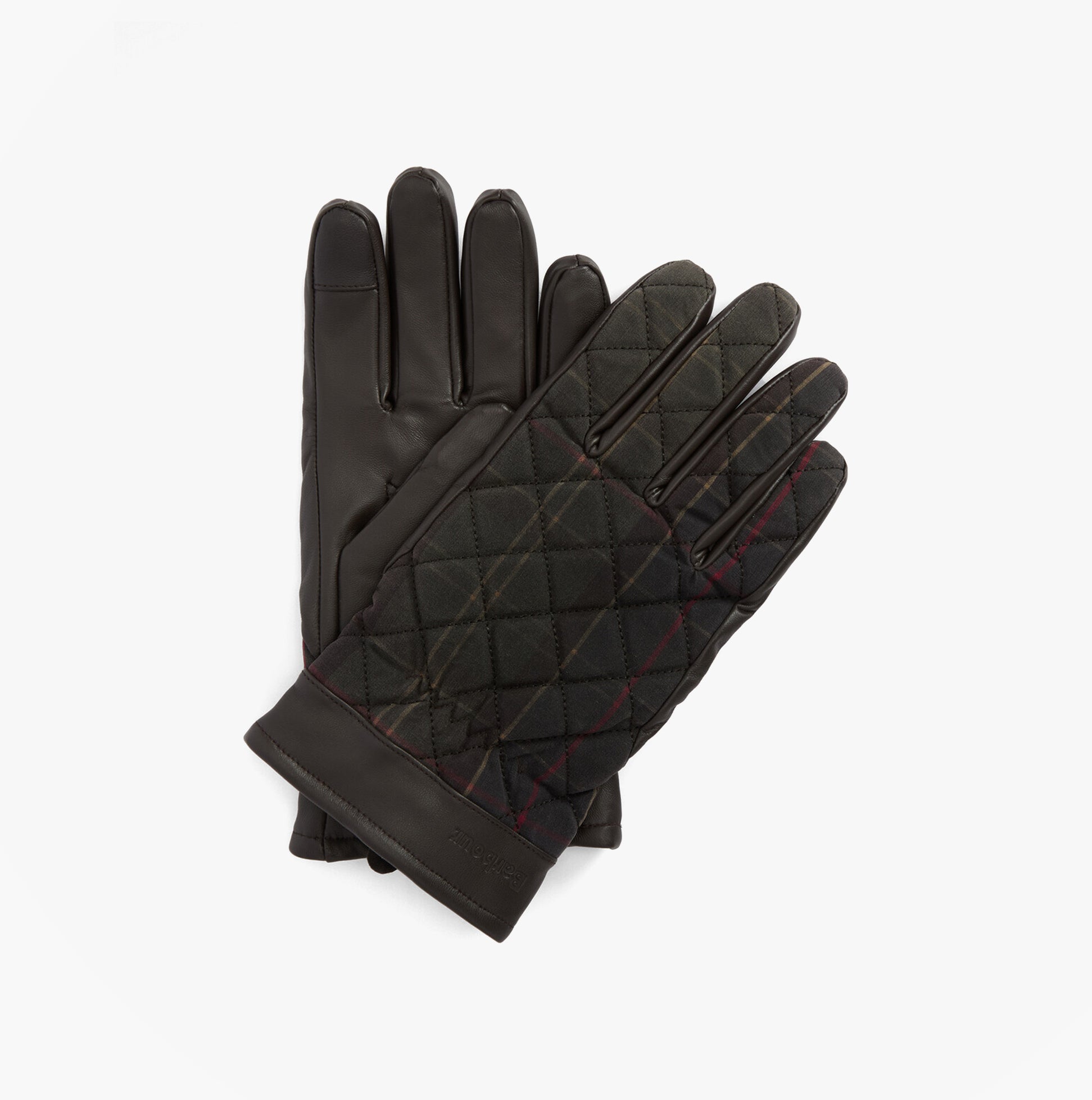 Barbour DARWEN TARTAN Mens Gloves Classic Tartan front view showcasing black quilted design and touchscreen compatibility.