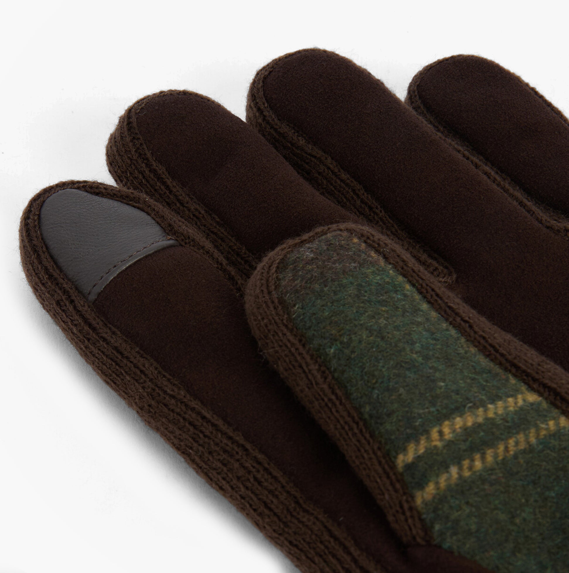 Barbour Field Fleece Mens Gloves Classic Tartan detail view showing brown fleece with tartan accents and touchscreen compatible tips.