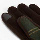 Barbour Field Fleece Mens Gloves Classic Tartan detail view showing brown fleece with tartan accents and touchscreen compatible tips.