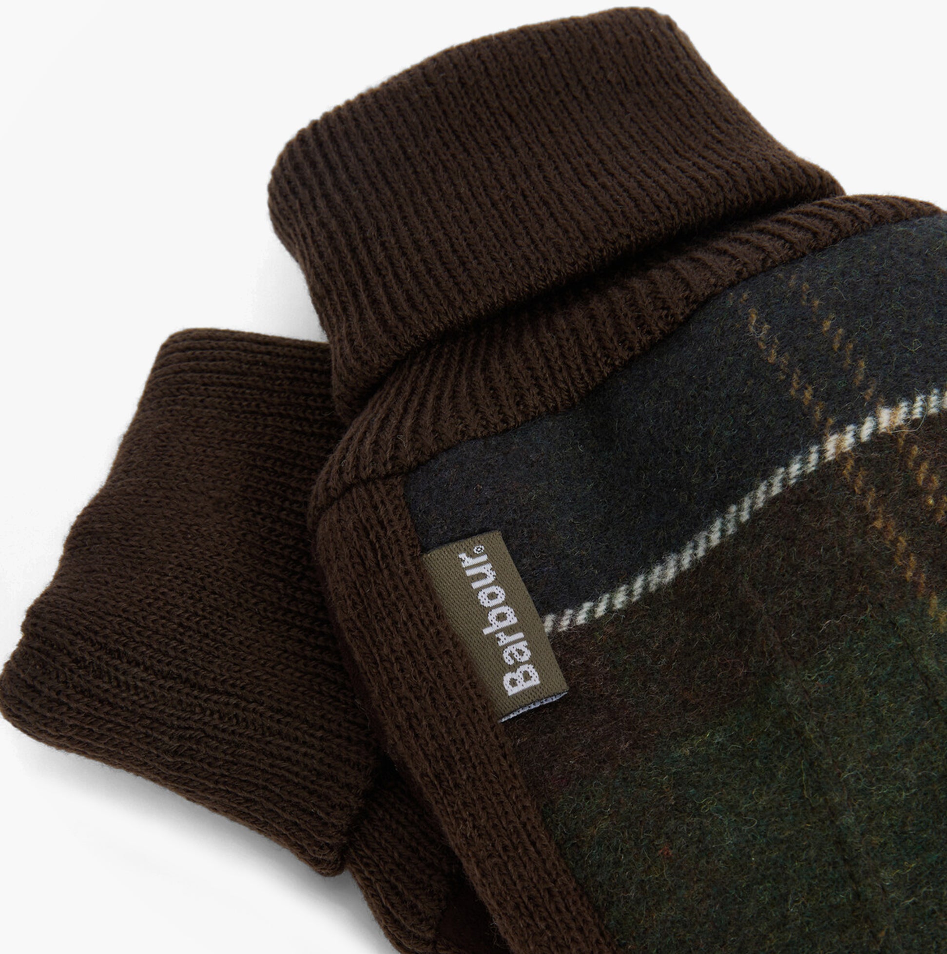 Barbour Field Fleece Mens Gloves Classic Tartan detail view showing logo and fabric texture.