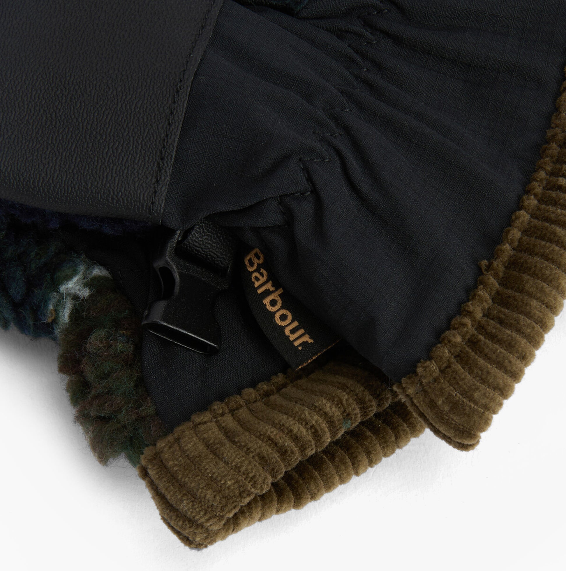 Barbour Field Tartan Mens Fleece Gloves Classic Tartan detail view showcasing cord binding and branded label.