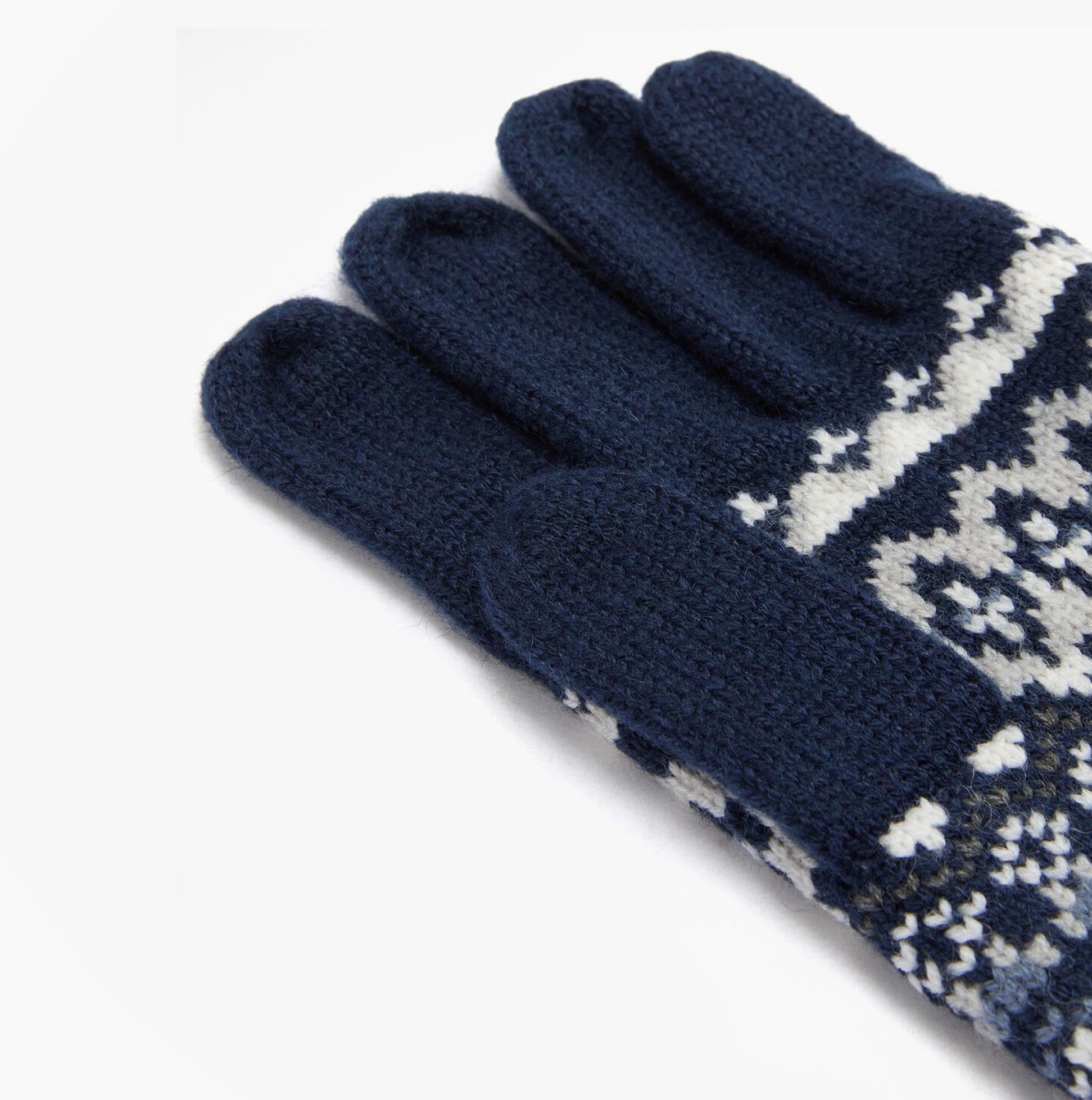 Barbour MARLOW FAIR ISLE KNITTED Mens Gloves Navy detail view showcasing intricate pattern and rich navy color.