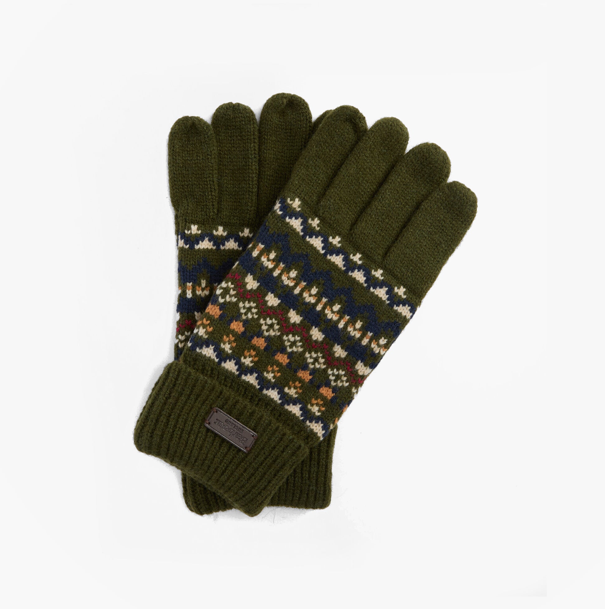 Barbour MARLOW FAIR ISLE KNITTED Mens Gloves Olive front view with Fair Isle knit pattern and ribbed cuff.