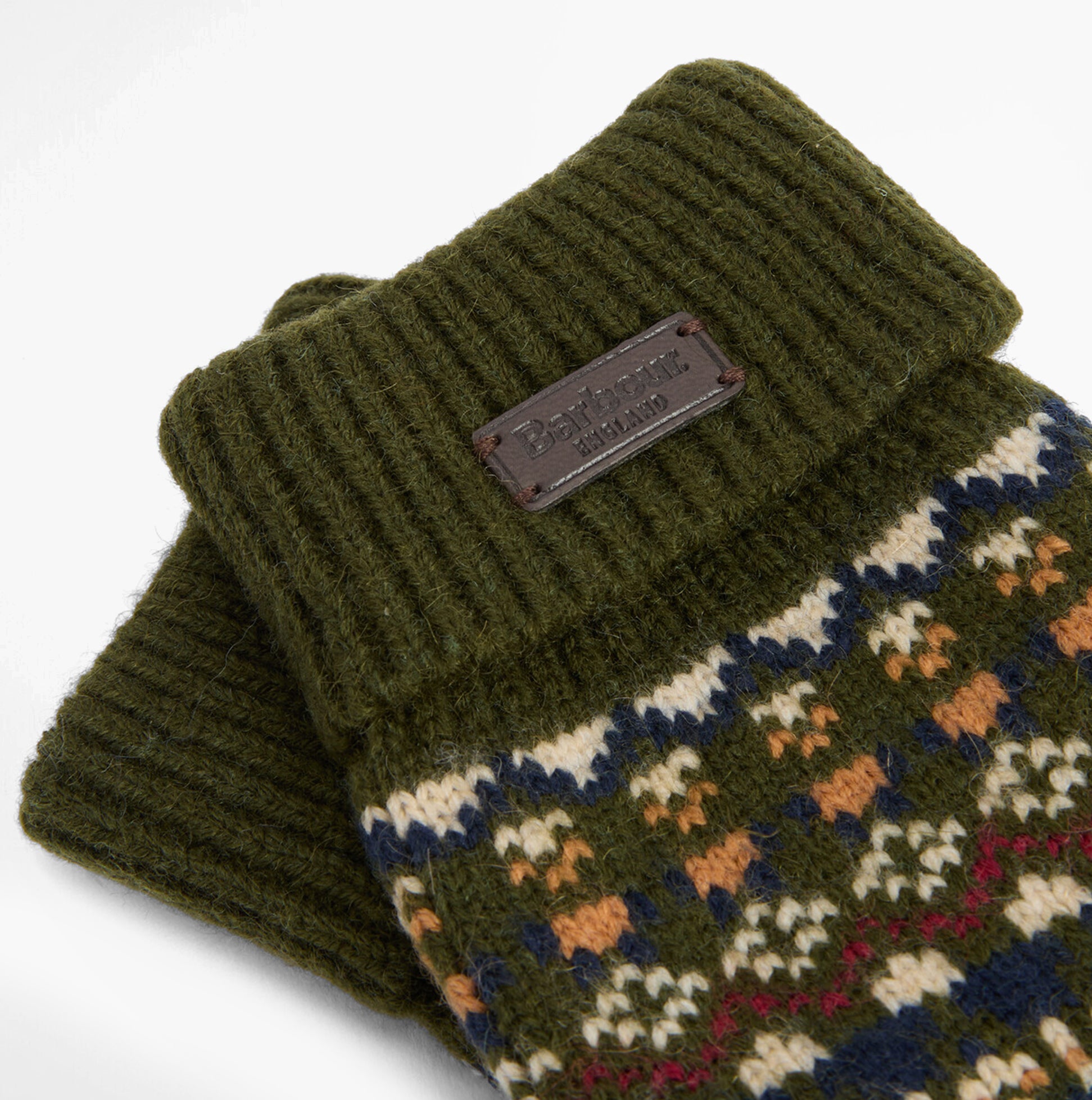 Barbour MARLOW FAIR ISLE KNITTED Mens Gloves Olive, detail view showing intricate pattern and brand tag.