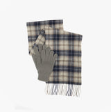 Barbour TARTAN SCARF AND GLOVE Mens Gift Set Grey Midnight, front view showing scarf and gloves in monochrome check design.