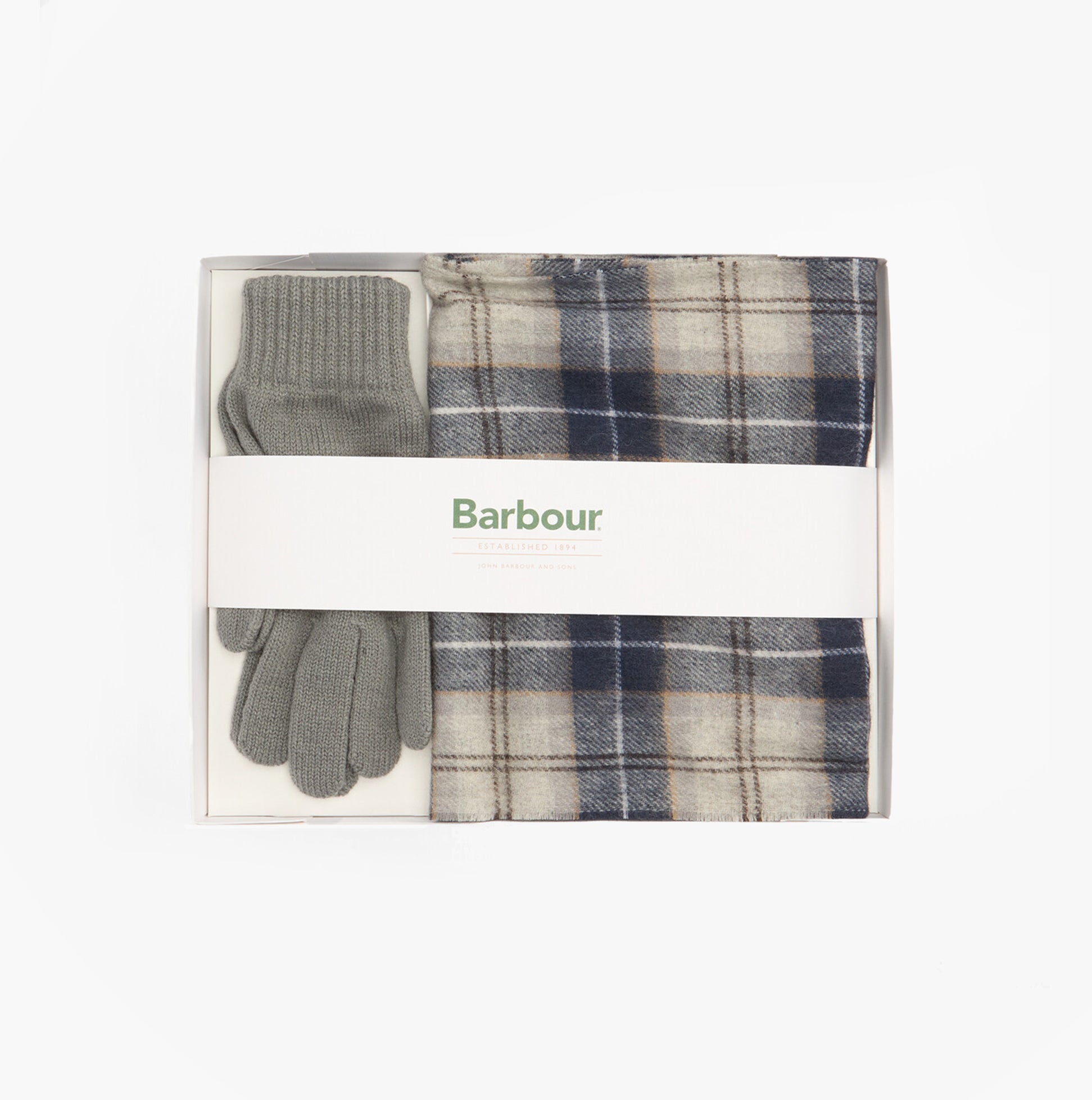 Barbour TARTAN SCARF AND GLOVE Mens Gift Set Grey Midnight top view in gift box with scarf and gloves displayed.