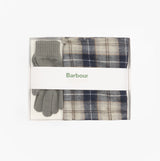 Barbour TARTAN SCARF AND GLOVE Mens Gift Set Grey Midnight top view in gift box with scarf and gloves displayed.