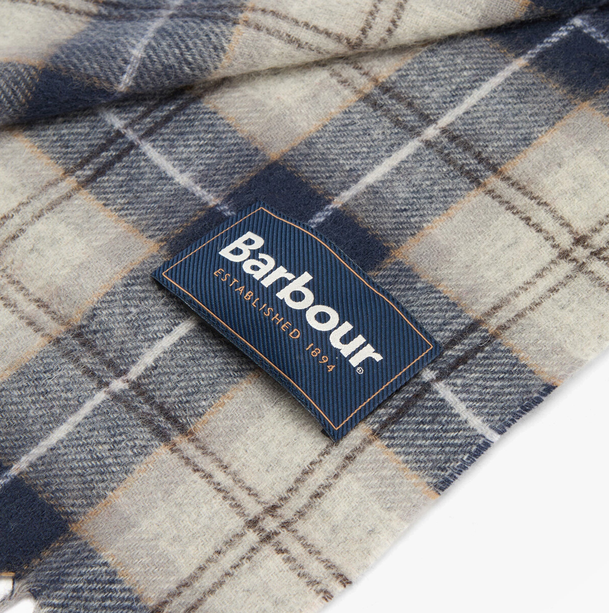 Barbour TARTAN SCARF AND GLOVE Mens Gift Set Grey Midnight detail view of scarf fabric with label
