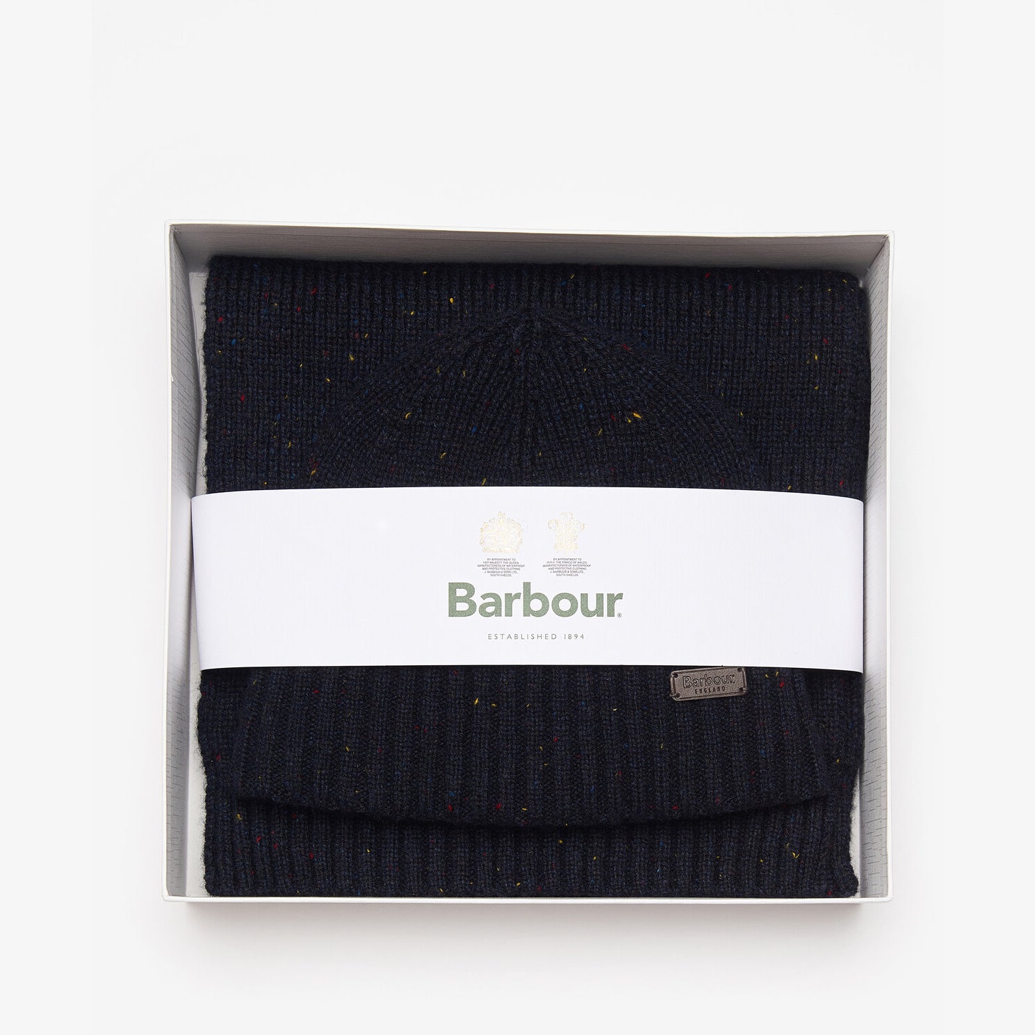 Barbour CARLTON FLECK BEANIE & SCARF Gift Set Mens Navy presented in a premium gift box, top view of beanie and scarf.