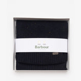 Barbour CARLTON FLECK BEANIE & SCARF Gift Set Mens Navy presented in a premium gift box, top view of beanie and scarf.