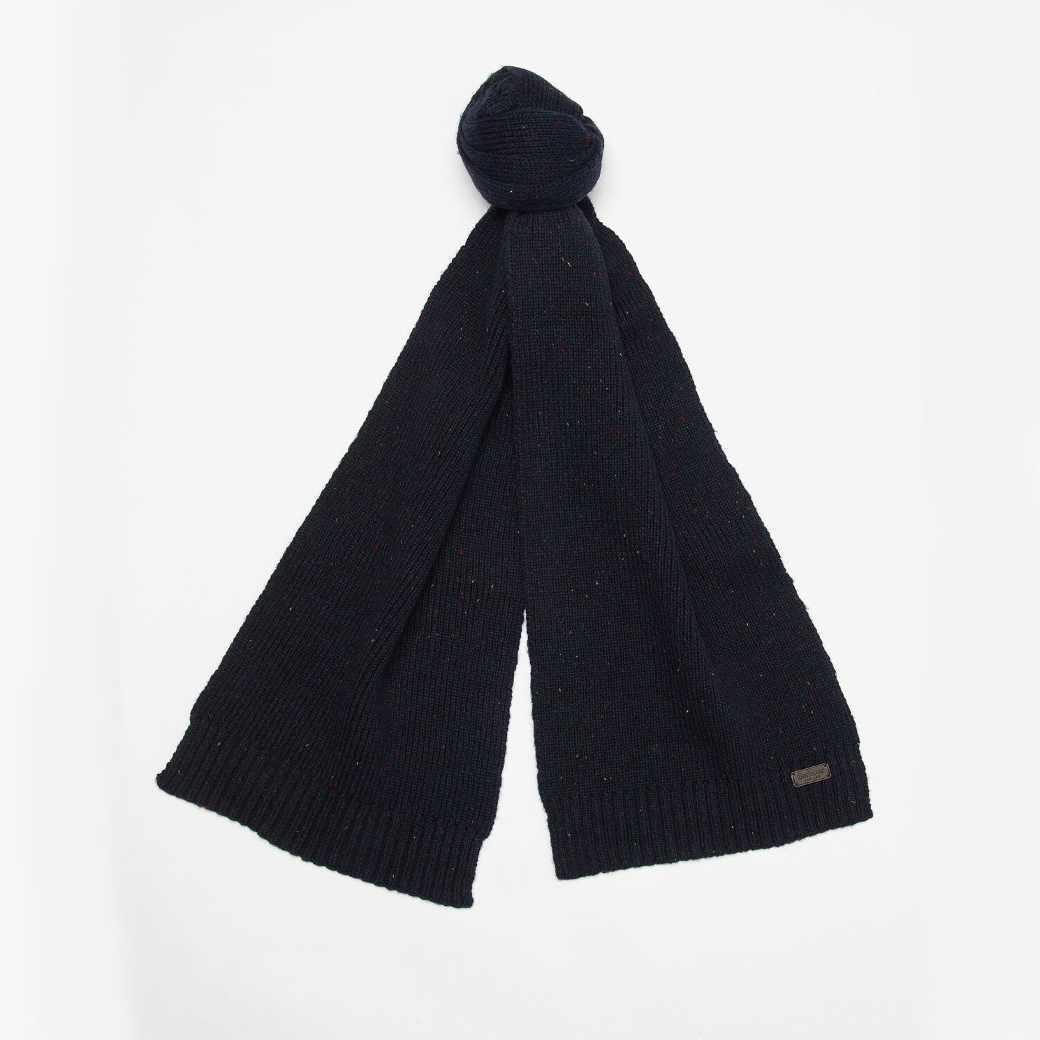 Barbour CARLTON FLECK BEANIE & SCARF Gift Set Mens Navy, top view of navy scarf with ribbed design, featuring a turnback hem.