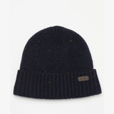 Barbour CARLTON FLECK BEANIE & SCARF Gift Set Mens Navy, top view of ribbed navy beanie with colorful flecks.