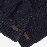 Barbour CARLTON FLECK BEANIE & SCARF Gift Set Mens Navy detail view showcasing ribbed design and labels.