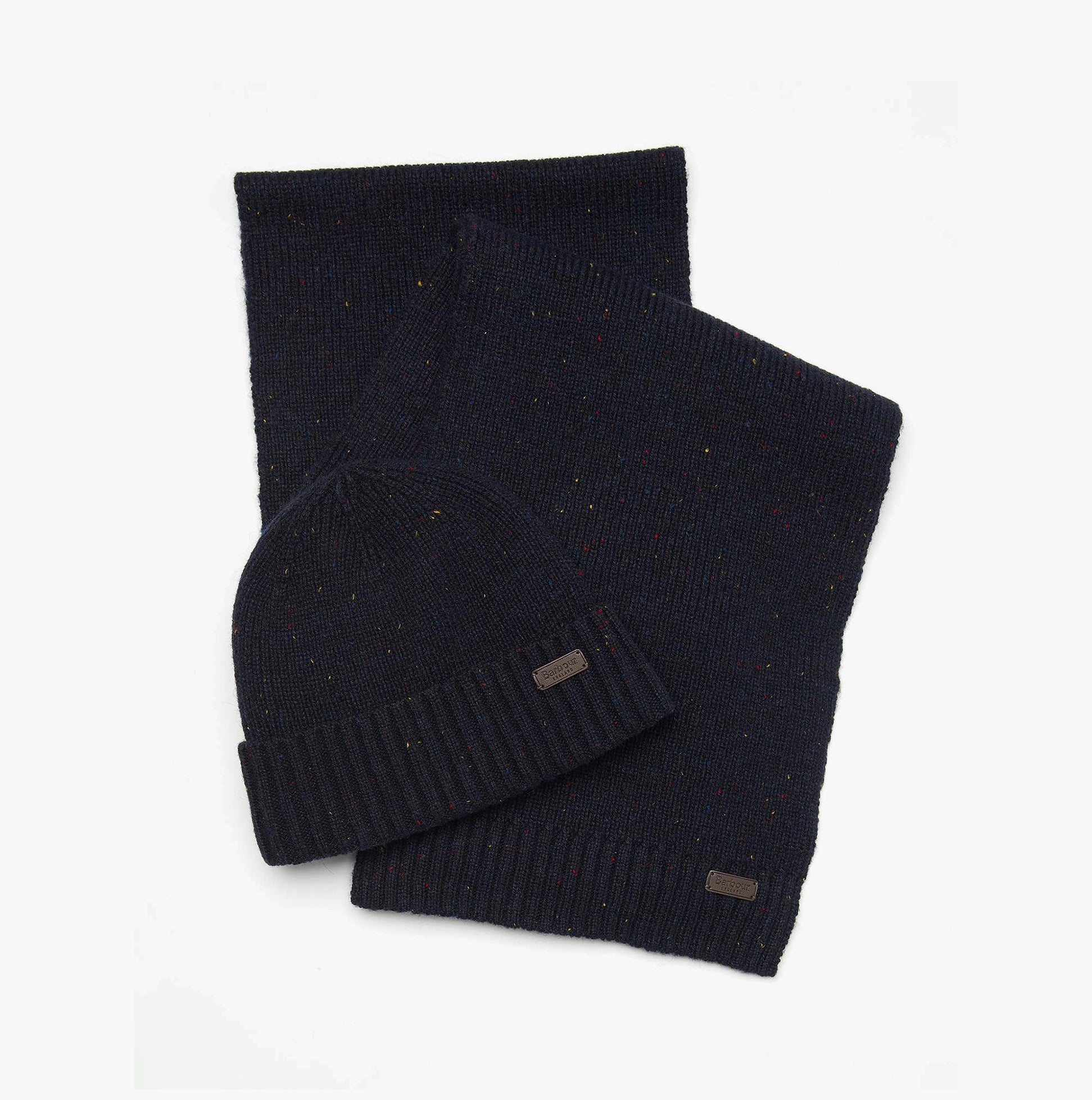 Barbour CARLTON FLECK BEANIE & SCARF Gift Set Mens Navy, front view showing knitted beanie and scarf in navy.