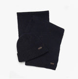 Barbour CARLTON FLECK BEANIE & SCARF Gift Set Mens Navy, front view showing knitted beanie and scarf in navy.