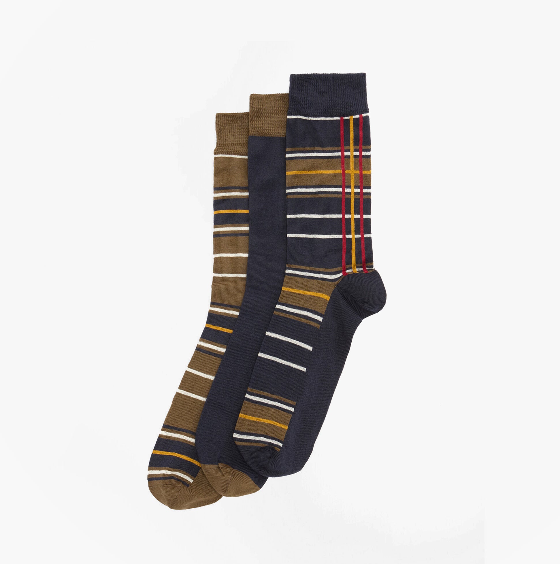 Barbour TARTAN SOCKS Mens 3 Pack Gift Box Classic Tartan side view showing three pairs of crew socks in assorted colors and patterns.