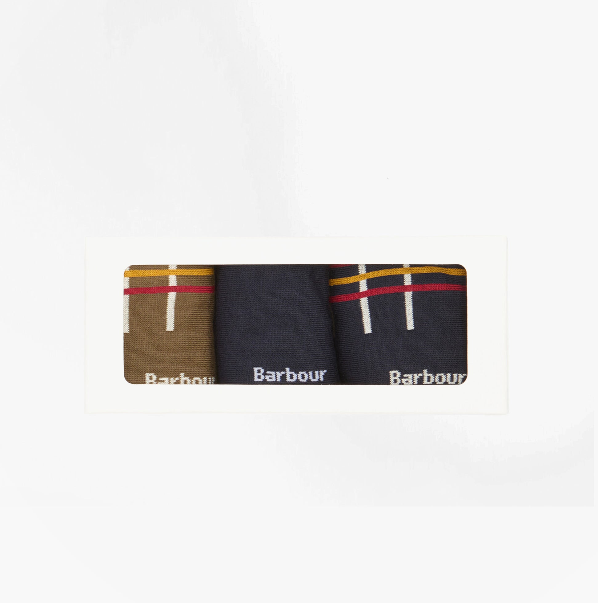 Barbour TARTAN SOCKS Mens 3 Pack Gift Box Classic Tartan front view of the gift box displaying three pairs of socks.