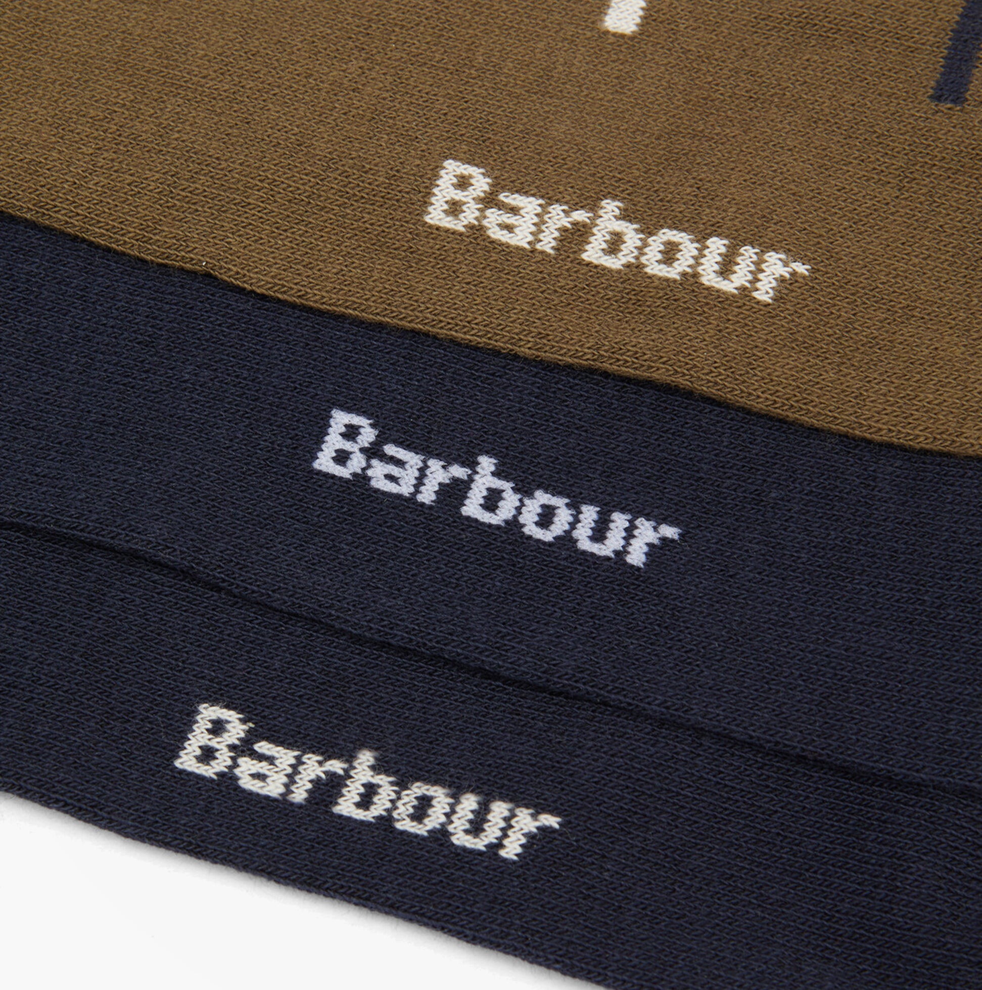 Barbour TARTAN SOCKS Mens 3 Pack Gift Box Classic Tartan detailed view of sock labels in brown and navy colors.