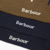 Barbour TARTAN SOCKS Mens 3 Pack Gift Box Classic Tartan detailed view of sock labels in brown and navy colors.