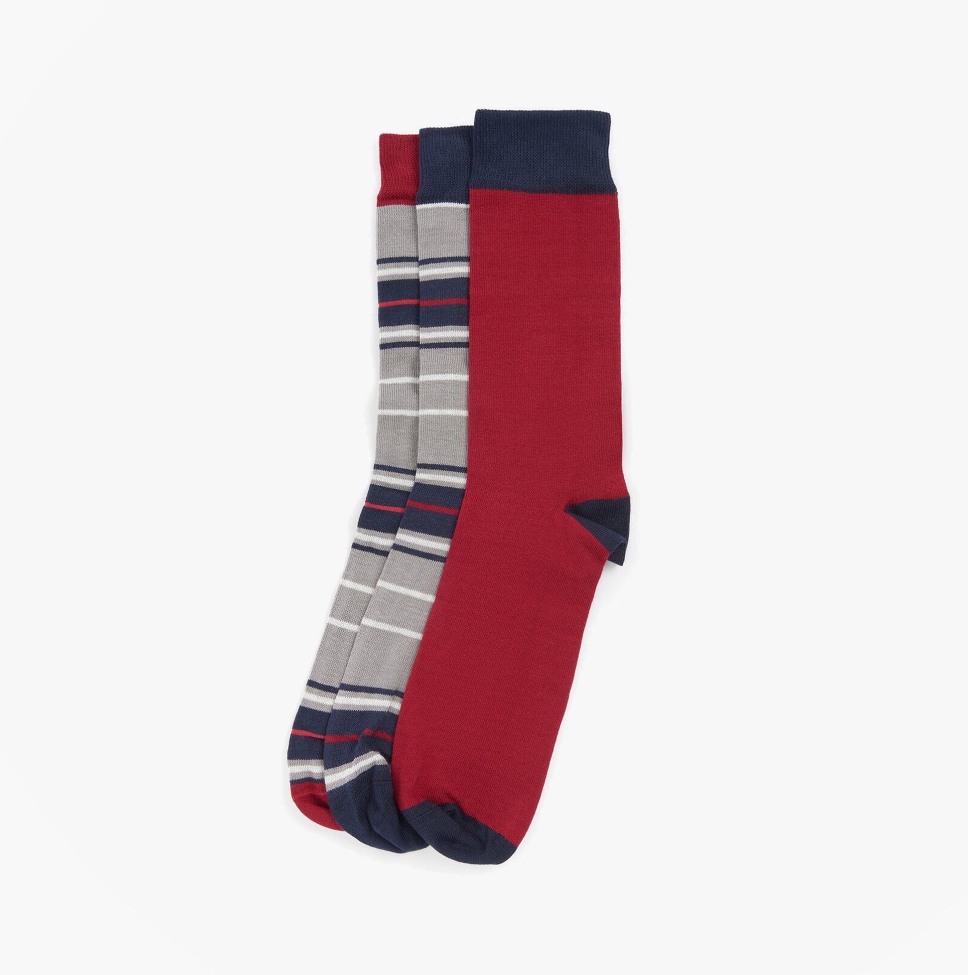 Barbour TARTAN SOCKS Mens 3 Pack Gift Box Blue Granite side view of socks in red and gray with blue accents.