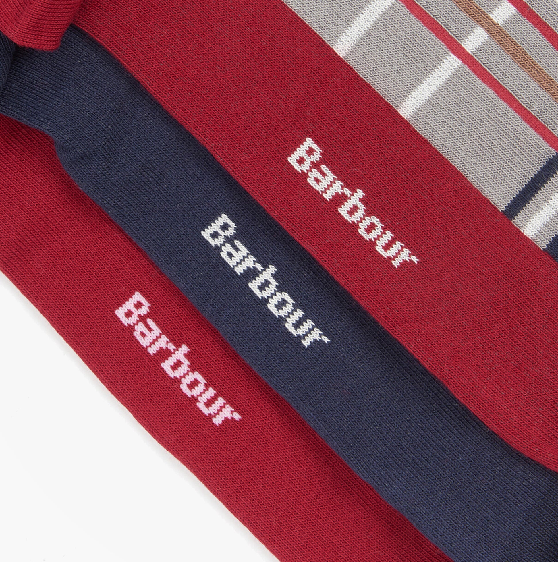 Barbour TARTAN SOCKS Mens 3 Pack Gift Box Blue Granite close-up view showing logo pattern and color variations.