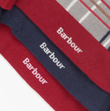 Barbour TARTAN SOCKS Mens 3 Pack Gift Box Blue Granite close-up view showing logo pattern and color variations.