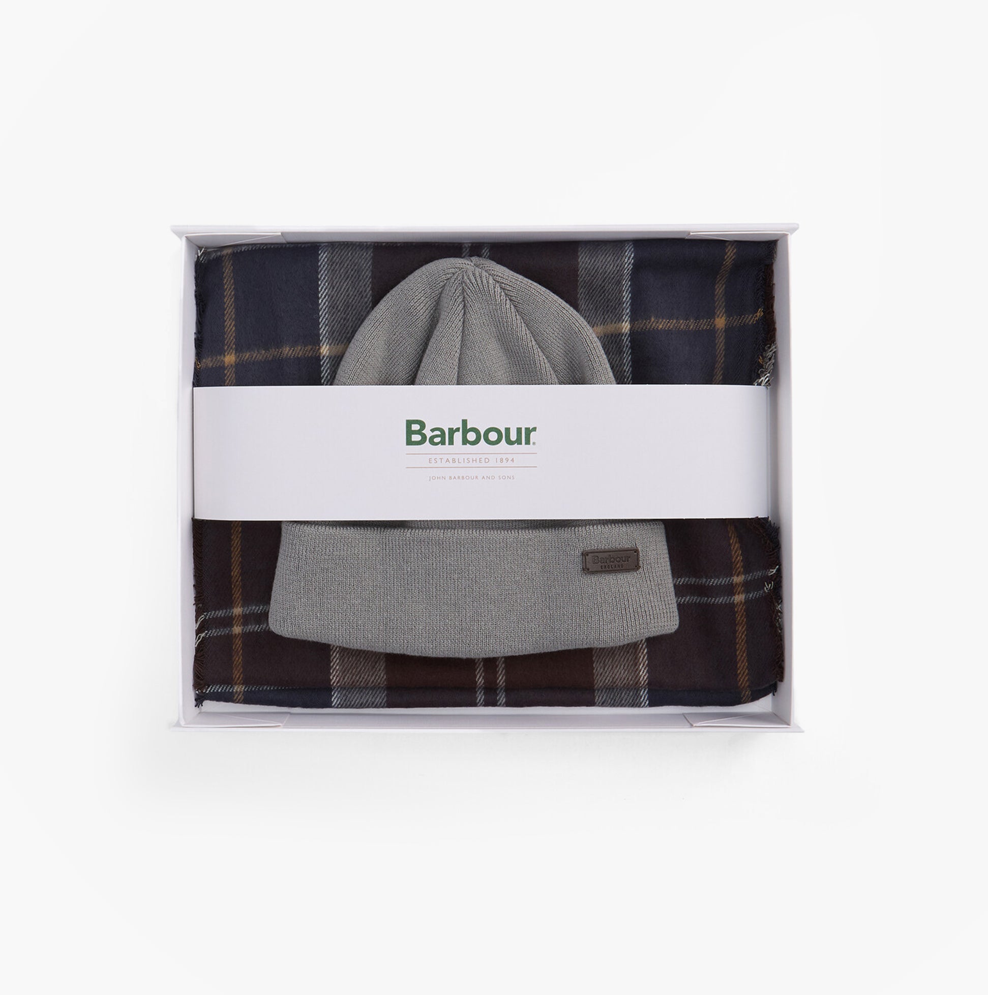 Barbour SWINTON BEANIE & GALINGALE SCARF Mens Gift Set Midnight Oak top view in gift box featuring a grey beanie and plaid scarf.