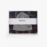 Barbour SWINTON BEANIE & GALINGALE SCARF Mens Gift Set Midnight Oak top view in gift box featuring a grey beanie and plaid scarf.