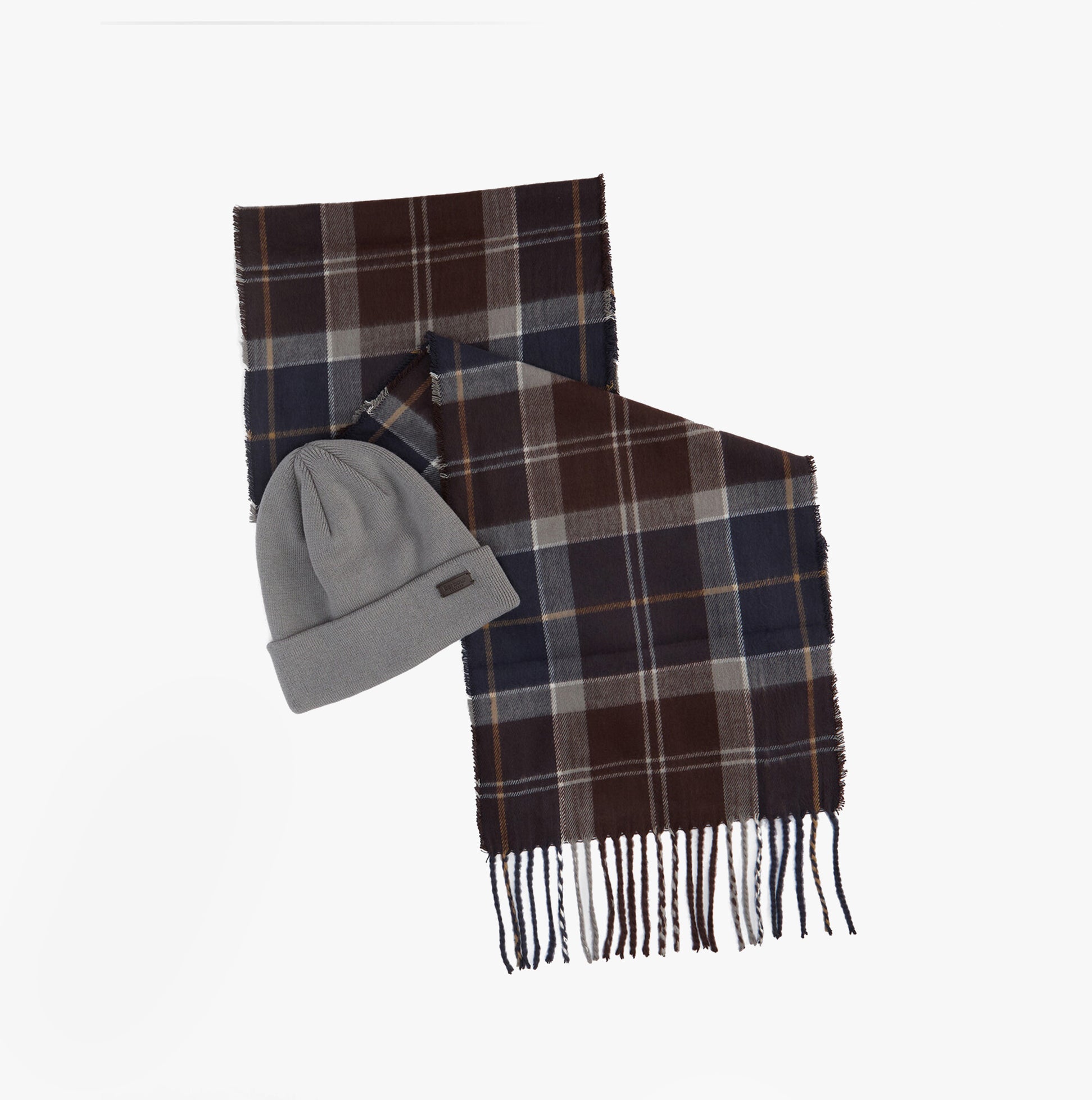 Barbour SWINTON BEANIE & GALINGALE SCARF Mens Gift Set Midnight Oak front view with gray beanie and plaid scarf.