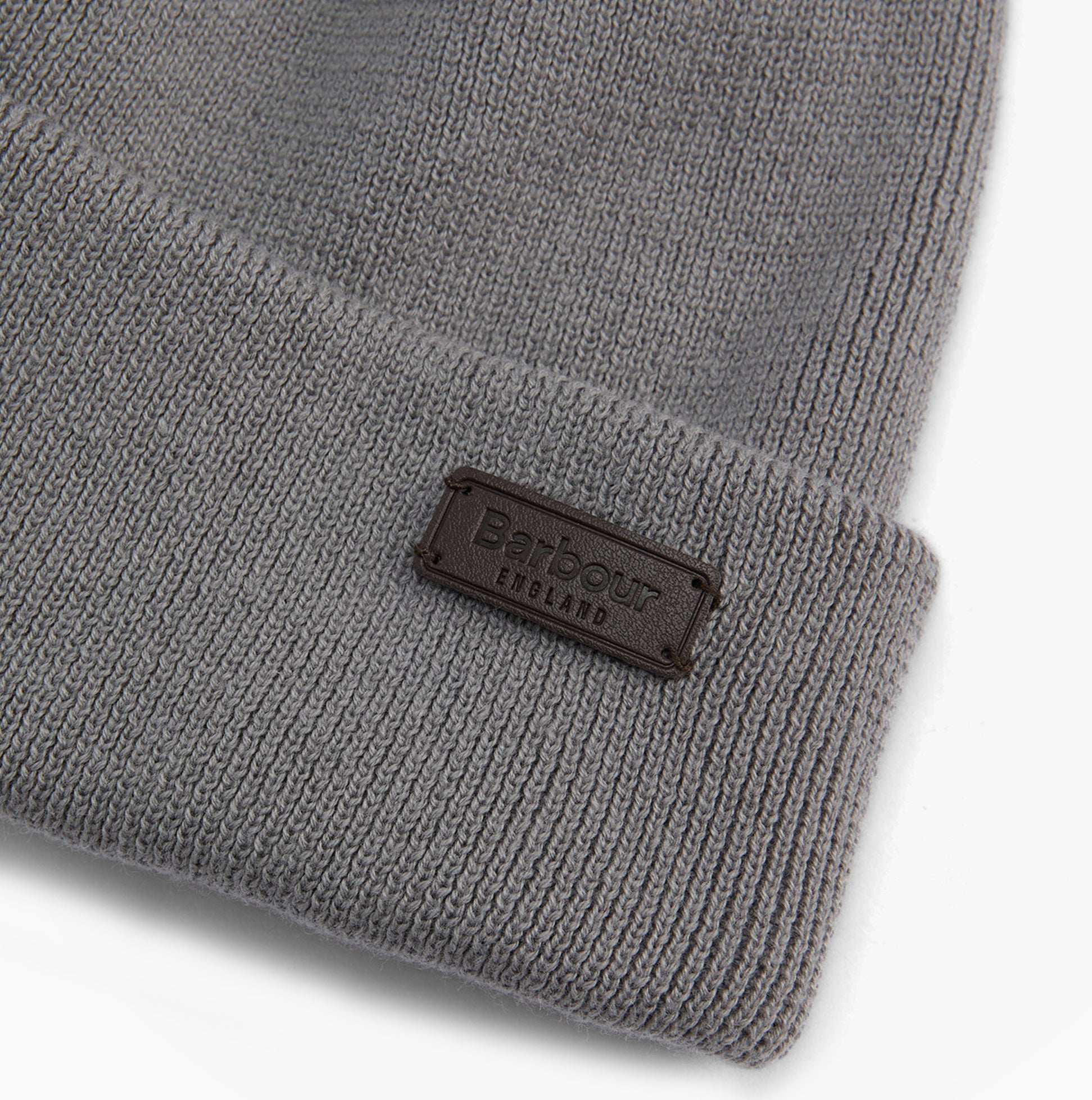 Barbour SWINTON BEANIE & GALINGALE SCARF Mens Gift Set Midnight Oak detail view of beanie with logo.