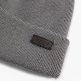 Barbour SWINTON BEANIE & GALINGALE SCARF Mens Gift Set Midnight Oak detail view of beanie with logo.