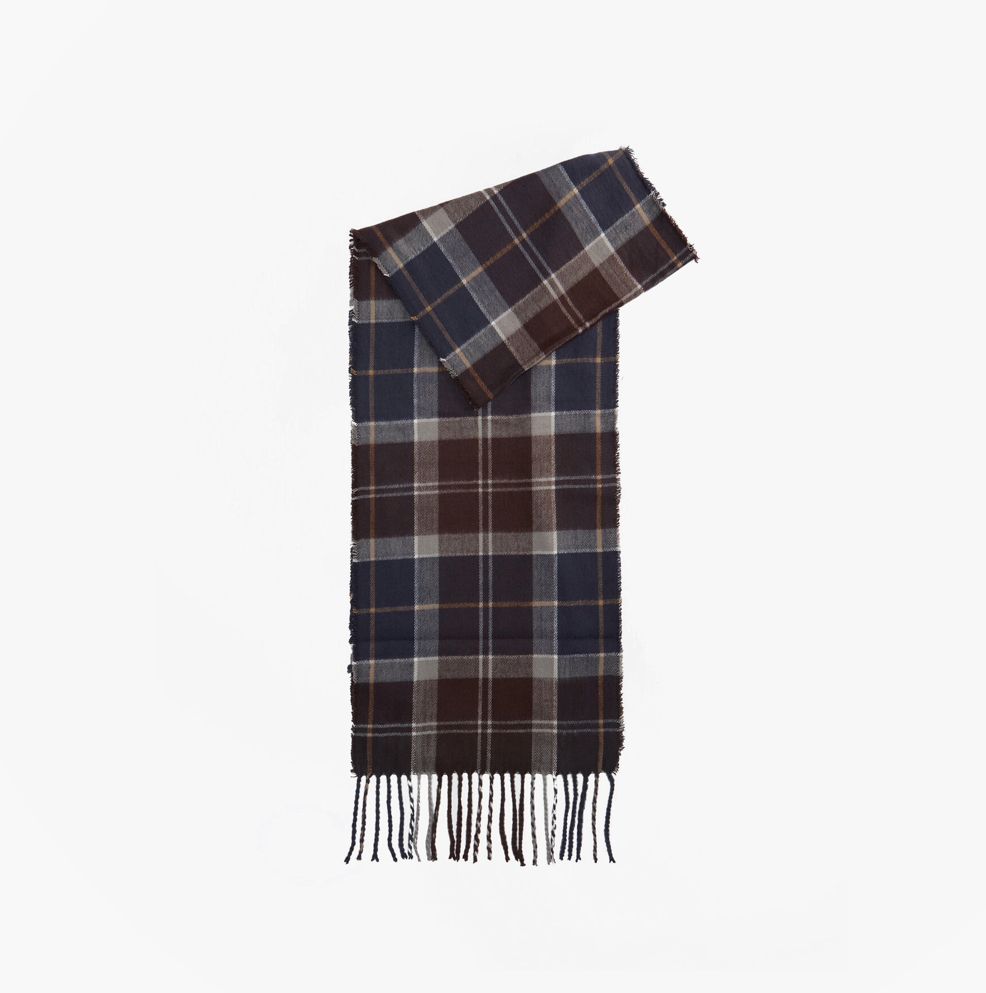 Barbour SWINTON BEANIE & GALINGALE SCARF Mens Gift Set Midnight Oak, detail view of scarf with plaid pattern.