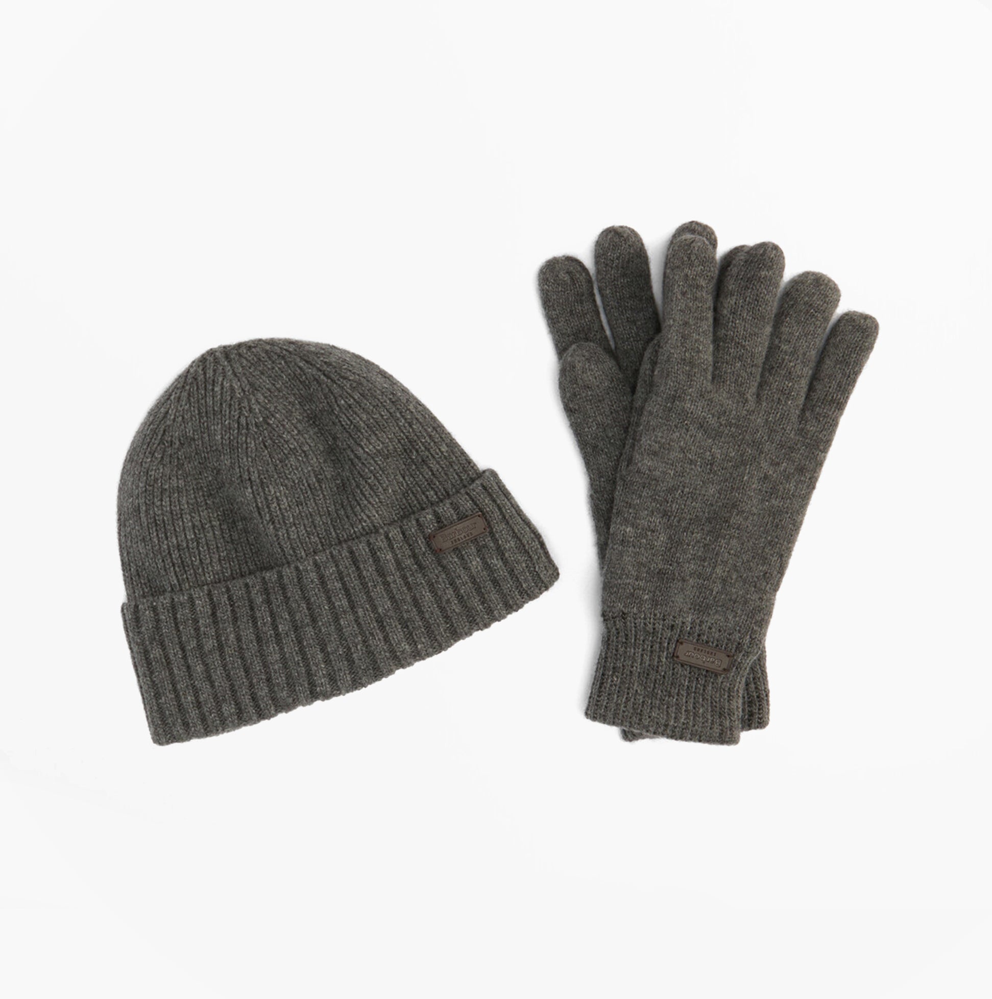Barbour CARLTON BEANIE & GLOVES Mens Gift Set Grey displayed in a front view showing the beanie and gloves together.