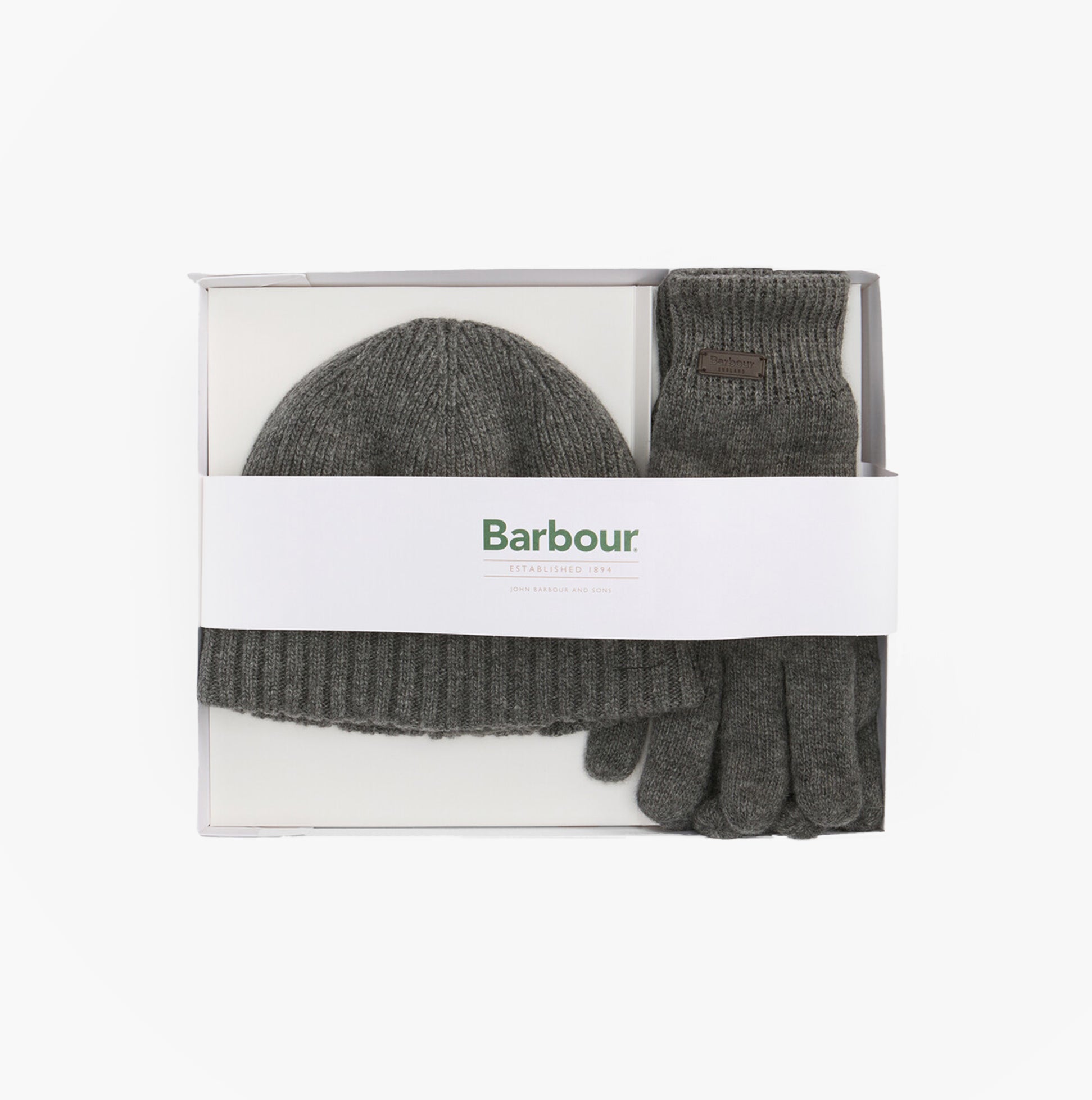 Barbour CARLTON BEANIE & GLOVES Mens Gift Set Grey in gift box, featuring a stylish beanie and gloves.
