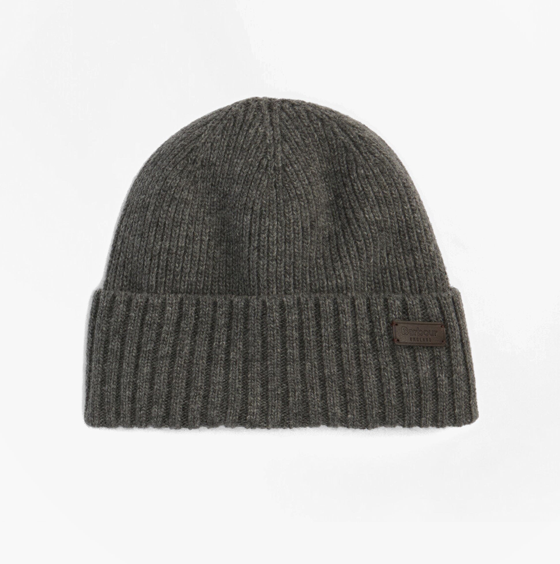 Barbour CARLTON BEANIE & GLOVES Mens Gift Set Grey front view of beanie hat showcasing ribbed texture and label.