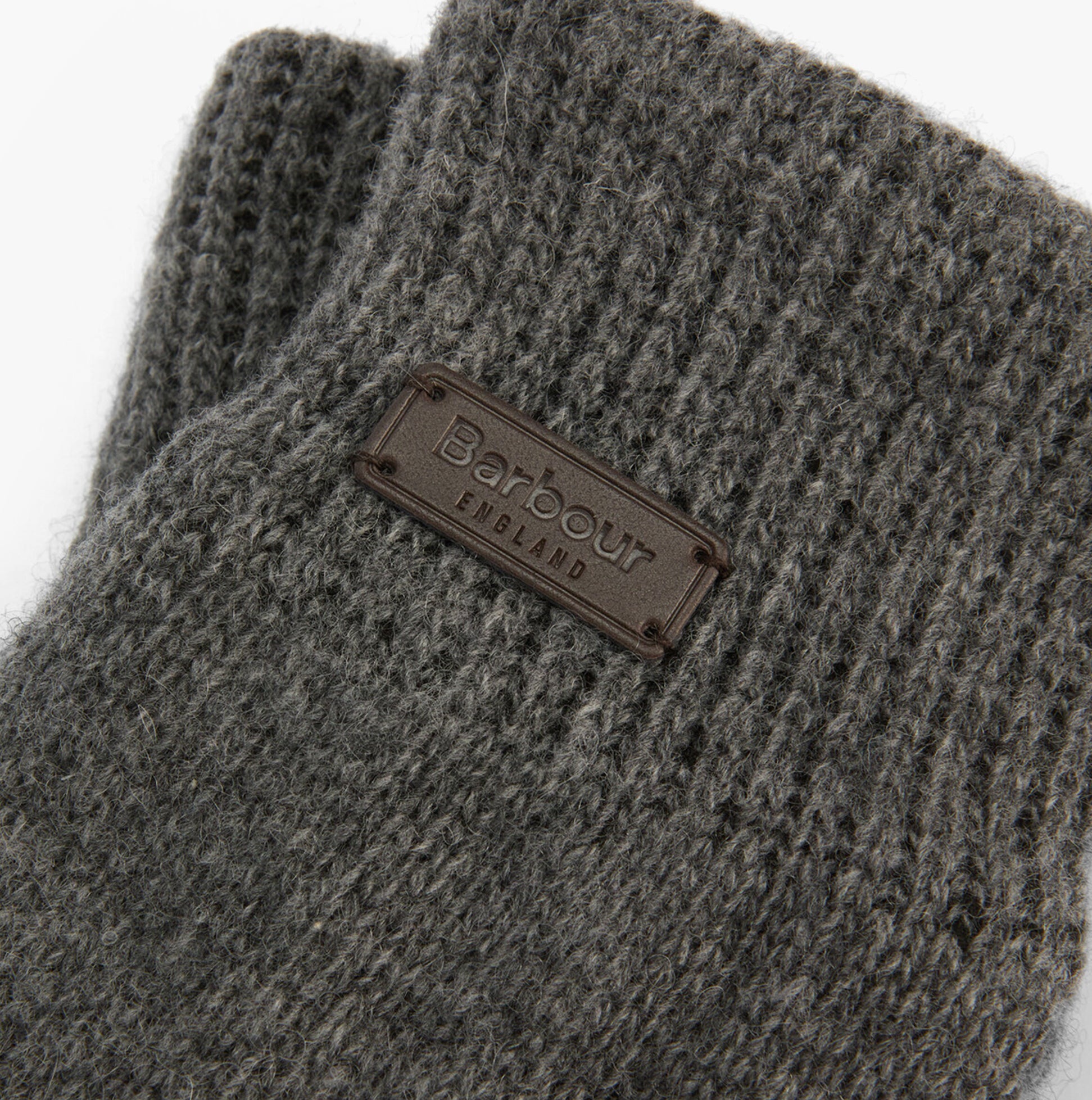 Barbour CARLTON BEANIE & GLOVES Mens Gift Set Grey detail view showing the textured knit and logo patch.