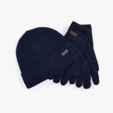 Barbour CARLTON BEANIE & GLOVES Gift Set Mens Navy, flat lay view showcasing navy beanie and gloves with ribbed design.